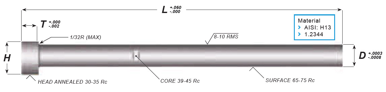 D-Head Ejector Pins Nitrided - Parallel